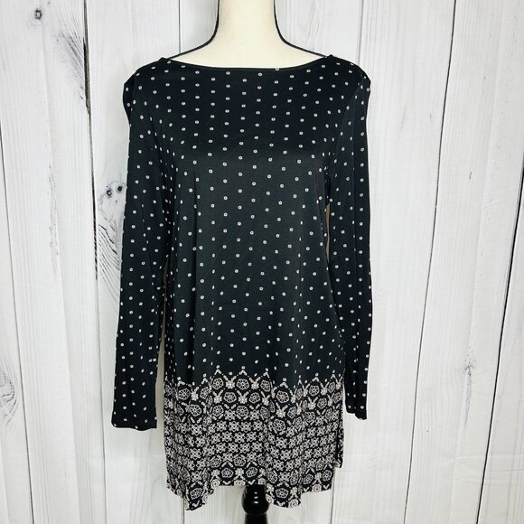 J. Jill Tops - J Jill Tunic Top Womens Sz Large Black Tan Floral Print Long Sleeve Lightweight
